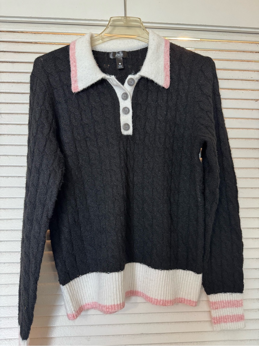 Aqua Black Cable-Knit V-Neck Sweater with White Collar and Pink Trim